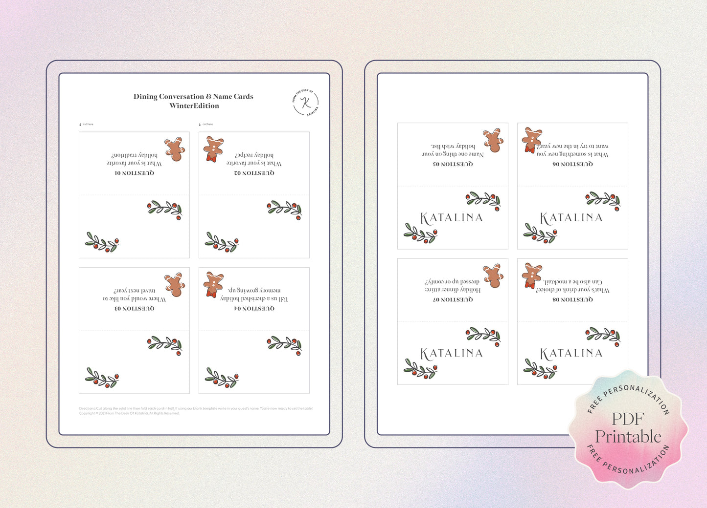 Winter Dining Conversation & Name Cards - Ice Breaker Printable | Free Personalization