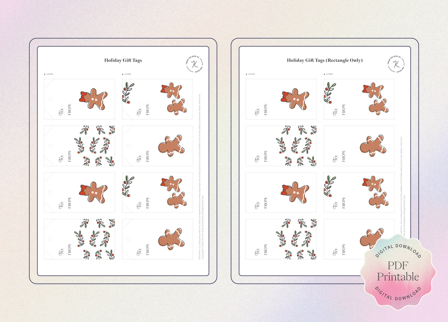 Holly & Spice Holiday Gift Tags - Set of 4 illustrated printable Christmas tags